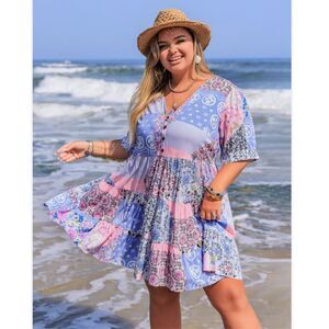 Rusttydustty Dress 3XL Purple V-Neck Short Sleeve Tiered Floral Mini Patchwork